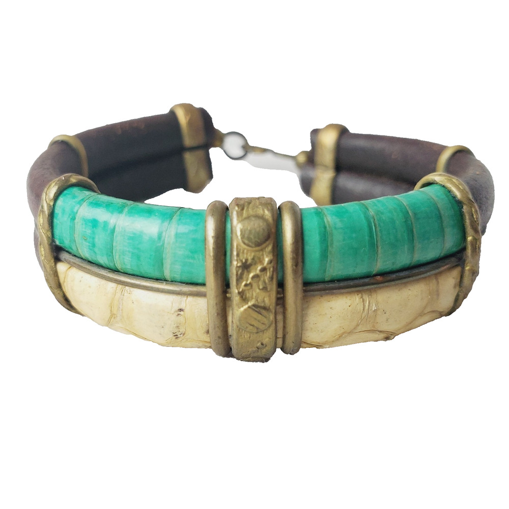 Vintage High End Designer Snakeskin Leather & Brass Handsome Bracelet Jewelry